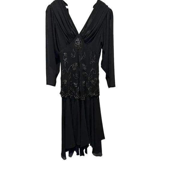 Vintage‎ Black Floral Beaded V-Neck Long Sleeve Evening Dress Size 12 - Picture 2 of 9